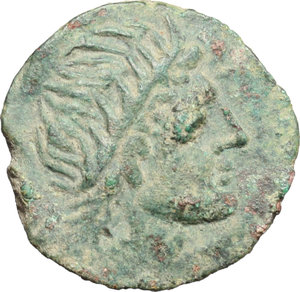 obverse: Italy. Northern Apulia, Salapia.   AE 20 mm. c. 225-210 BC. Obv. Laureate head of Apollo right. Rev. Horse prancing right; above, star; below, ΣAΛA/ΠINΩN. HN Italy 692 c. AE. g. 8.45  mm. 20.00   A heavy and very attractive example. Earthen emerald-green patina, with reddish-brown spot on reverse. Good VF.