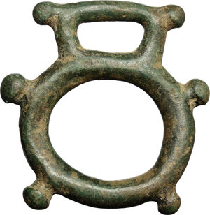 obverse: Celtic Coinage. Eastern Europe, Uncertain Tribe.  AE Ring Money, 2nd century BC.    AE.   mm. 50.00  RR. Very rare. Superb emerald green patina.