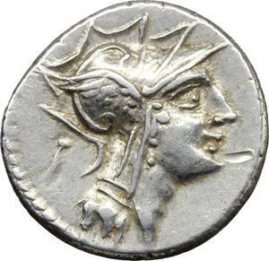 obverse: D. Silanus.  AR Denarius, 91 BC. Obv. Helmeted head of Roma right; behind, control mark. Rev. Victory in biga right; in exergue, D. SILANVS L.F/ROMA. Cr. 337/3. B.(Iunia) 8. AR. g. 3.83  mm. 18.00    About EF.