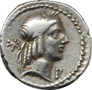 obverse: L. Calpurnius Piso Frugi.  AR Denarius, 90 BC. Obv. Laureate head of Apollo right, behind, X; below chin, P. Rev. Horseman galloping right, holding palm; above, D and dot; below, L. PISO FRVGI. Cr. 340/1. Syd. 671. Banti 142. AR. g. 3.98  mm. 18.00    About EF.