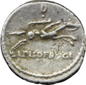 reverse: L. Calpurnius Piso Frugi.  AR Denarius, 90 BC. Obv. Laureate head of Apollo right, behind, X; below chin, P. Rev. Horseman galloping right, holding palm; above, D and dot; below, L. PISO FRVGI. Cr. 340/1. Syd. 671. Banti 142. AR. g. 3.98  mm. 18.00    About EF.