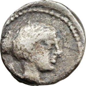 obverse: Q. Titius.  AR Quinarius, 90 BC. Obv. Draped and winged bust of Victory right. Rev. Pegasus springing right; below, Q. TITI. Cr. 341/3. B. 3. AR. g. 1.73  mm. 12.00   Toned VF.