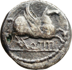 reverse: Q. Titius.  AR Quinarius, 90 BC. Obv. Draped and winged bust of Victory right. Rev. Pegasus springing right; below, Q. TITI. Cr. 341/3. B. 3. AR. g. 1.73  mm. 12.00   Toned VF.