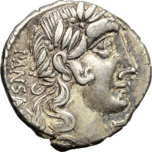 obverse: C. Vibius C. f. Pansa.  AR Denarius, 90 BC. Obv. Laureate head of Apollo right; behind, PANSA; below chin, uncertain symbol. Rev. Minerva in quadriga right; in exergue, C. VIBIVS C.F. Cr. 342/5b. B.1. AR. g. 3.71  mm. 17.50   Prettily toned, with iridescent hues. About EF.