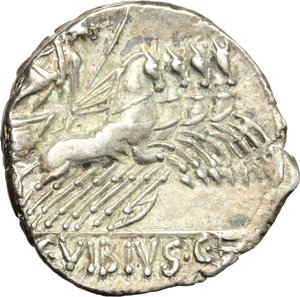 reverse: C. Vibius C. f. Pansa.  AR Denarius, 90 BC. Obv. Laureate head of Apollo right; behind, PANSA; below chin, uncertain symbol. Rev. Minerva in quadriga right; in exergue, C. VIBIVS C.F. Cr. 342/5b. B.1. AR. g. 3.71  mm. 17.50   Prettily toned, with iridescent hues. About EF.