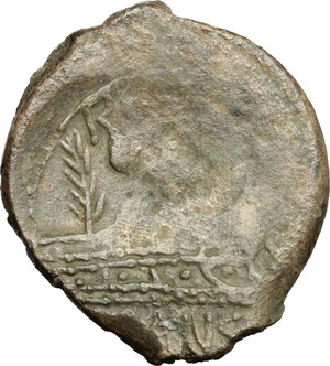 reverse: C. Vibius C. f. Pansa.  AE As, 90 BC. Obv. Laureate head of Janus; I above. Rev. Three prows right on which palm branch; above, R[OMA]; below, [C VIB]IVS. Cf. Cr. 342/7c. AE. g. 10.03  mm. 29.50  R. Rare variety. Palm branch on reverse unusually sharply detailed. Green brown patina. Some areas of weakness, otherwise VF.