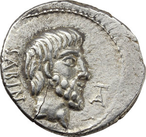 obverse: L. Titurius L. f. Sabinus.  AR Denarius, 89 BC. Obv. Bearded head of King Tatius right; before, TA legate; behind, SABIN. Rev. Rape of the Sabine women; in exergue, L. TITVRI. Cr. 344/1a. B. 1. AR. g. 3.90  mm. 19.00   Great metal. Hairline flan crack, otherwise about EF/Good VF.