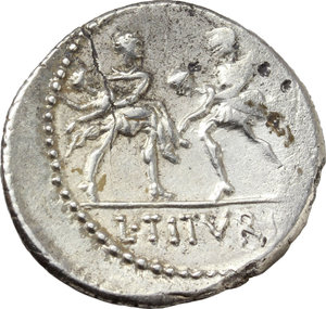 reverse: L. Titurius L. f. Sabinus.  AR Denarius, 89 BC. Obv. Bearded head of King Tatius right; before, TA legate; behind, SABIN. Rev. Rape of the Sabine women; in exergue, L. TITVRI. Cr. 344/1a. B. 1. AR. g. 3.90  mm. 19.00   Great metal. Hairline flan crack, otherwise about EF/Good VF.