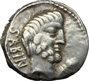 obverse: L. Titurius L. f. Sabinus.  AR Denarius, 89 BC. Obv. Head of King Tatius right; behind, SABIN; below chin, palm. Rev. Rape of the Sabine women; in exergue, [L. TITVRI]. Cr. 344/1b. B.2. AR. g. 3.92  mm. 19.00   Great metal. Reverse slightly off centre, otherwise good VF/About EF.