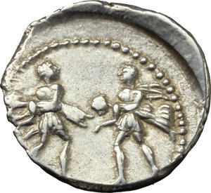 reverse: L. Titurius L. f. Sabinus.  AR Denarius, 89 BC. Obv. Head of King Tatius right; behind, SABIN; below chin, palm. Rev. Rape of the Sabine women; in exergue, [L. TITVRI]. Cr. 344/1b. B.2. AR. g. 3.92  mm. 19.00   Great metal. Reverse slightly off centre, otherwise good VF/About EF.