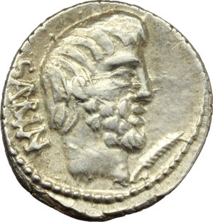 obverse: L. Titurius L. f. Sabinus.  AR Denarius, 89 BC. Obv. SABIN. Head of King Tatius right; below chin, palm. Rev. Tarpeia stands facing between two soldiers, who are about to kill her; in upper central field, star and crescent. In exergue, L. TITVRI. Cr. 344/2b. B. 4. AR. g. 3.92  mm. 20.00   Well centred and in excellent condition for the issue. Magnificent light golden tone. EF.