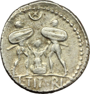 reverse: L. Titurius L. f. Sabinus.  AR Denarius, 89 BC. Obv. SABIN. Head of King Tatius right; below chin, palm. Rev. Tarpeia stands facing between two soldiers, who are about to kill her; in upper central field, star and crescent. In exergue, L. TITVRI. Cr. 344/2b. B. 4. AR. g. 3.92  mm. 20.00   Well centred and in excellent condition for the issue. Magnificent light golden tone. EF.