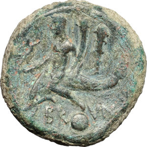 reverse: Italy. Southern Apulia, Brundisium.   AE Uncia, c. 215 BC. Obv. Laureate head of Poseidon right; behind, trident and wreath-bearing Nike; below, pellet. Rev. Dolphin rider (Phalantus) left, holding wreath-bearing Nike and cornucopiae; below, pellet and BR-VN; in right field, club. HN Italy 738. SNG Cop-. SNG München 554. AE. g. 9.20  mm. 23.00   Full weight and broad flan, unusually complete. Dark green patina. VF.