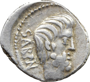 obverse: L. Titurius L. f. Sabinus.  AR Denarius, 89 BC. Obv. SABIN. Head of King Tatius right; below chin, palm. Rev. Tarpeia standing facing between two soldiers, who are about to kill her; in upper central field, star and crescent. In exergue, L. TITVRI. Cr. 344/2b. B. 4. AR. g. 3.55  mm. 19.00   Lightly toned. Good VF.