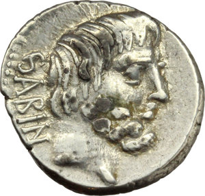 obverse: L. Titurius L. f. Sabinus.  AR Denarius, 89 BC. Obv. Bearded head of King Tatius right; behind, SABIN. Rev. Victory in biga right, holding reins and wreath; below, L. TITVRI; in exergue, CX. Cr. 344/3. B. 6. AR. g. 3.88  mm. 18.00   Well centred, brilliant and lightly toned. About EF.