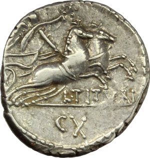reverse: L. Titurius L. f. Sabinus.  AR Denarius, 89 BC. Obv. Bearded head of King Tatius right; behind, SABIN. Rev. Victory in biga right, holding reins and wreath; below, L. TITVRI; in exergue, CX. Cr. 344/3. B. 6. AR. g. 3.88  mm. 18.00   Well centred, brilliant and lightly toned. About EF.