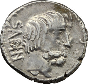 obverse: L. Titurius L. f. Sabinus.  AR Denarius, 89 BC. Obv. SABIN. Head of King Tatius right. Rev. Victory in biga right holding holding reins and wreath; below horses, L. TITVRI; in exergue, C.V. Cr. 344/3. B. 6. AR. g. 3.83  mm. 19.00   Perfectly centred. Areas of weakness, otherwise about EF.