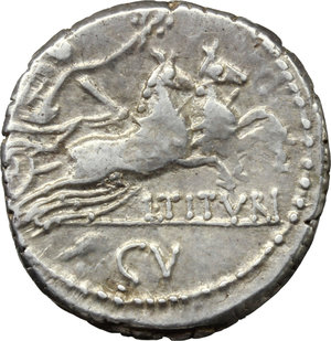 reverse: L. Titurius L. f. Sabinus.  AR Denarius, 89 BC. Obv. SABIN. Head of King Tatius right. Rev. Victory in biga right holding holding reins and wreath; below horses, L. TITVRI; in exergue, C.V. Cr. 344/3. B. 6. AR. g. 3.83  mm. 19.00   Perfectly centred. Areas of weakness, otherwise about EF.
