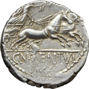 reverse: Cn. Lentulus Clodianus.  AR Denarius, 88 BC. Obv. Helmeted bust of Mars right, seen from behind. Rev. Victory in biga right; in exergue, CN. LENTVL. Cr. 345/1 B. (Cornelia) 50. AR. g. 4.03  mm. 17.50   Good metal. Brilliant and lightly toned. Good VF/VF.