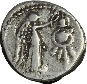 reverse: Cn. Lentulus Clodianus.  AR Quinarius, 88 BC. Obv. Laureate head of Jupiter right. Rev. Victory standing right, crowning trophy; in exergue, [CN. LENT.]. Cr. 345/2. B. (Cornelia) 51. AR. g. 1.98  mm. 14.50    Good VF/VF.