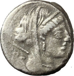 obverse: L. Rubrius Dossenus.  AR Denarius, 87 BC. Obv. Veiled and diademed head of Juno right, with sceptre on left shoulder; behind [DO]S. Rev. Triumphal chariot with side panel decorated with eagle; above, Victory flying right. In exergue, L. RVBRI. Cr. 348/2. B. 2. AR. g. 4.76  mm. 17.00    VF.