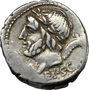 obverse: L. and C. Memmius L.f. Galeria.  AR Denarius, 87 BC. Obv. Laureate head of Saturn left; behind, harpa; below, EX. SC. Rev. Venus in biga right, Cupid flies above; in exergue, L.C. MEMIES/GAL. Cr. 349/1. B.8. AR. g. 3.93  mm. 19.00   Broad flan and in very good condition for the issue. Minor area of weakness on reverse, otherwise good VF.