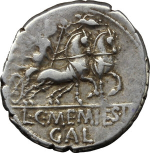 reverse: L. and C. Memmius L.f. Galeria.  AR Denarius, 87 BC. Obv. Laureate head of Saturn left; behind, harpa; below, EX. SC. Rev. Venus in biga right, Cupid flies above; in exergue, L.C. MEMIES/GAL. Cr. 349/1. B.8. AR. g. 3.93  mm. 19.00   Broad flan and in very good condition for the issue. Minor area of weakness on reverse, otherwise good VF.