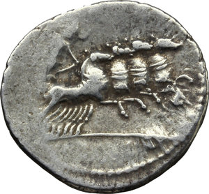 reverse: Vergilius, Gargilius and Ogulnius.  AR Denarius, 86 BC. Obv. Laureate head of Apollo right; below, thunderbolt. Rev. Jupiter in fast quadriga right, holding reins and hurling thunderbolt. Cr. 350 A/2. AR. g. 3.97  mm. 19.50    Good VF/VF.
