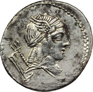 obverse: L. Iulius Bursio.  AR Denarius, 85 BC. Obv. Male head right, with the attributes of Apollo, Mercury and Neptune; behind, rudder. Rev. Victory in quadriga right; above, numeral; in exergue, L. IVLI. BVRSIO. Cr. 352/1 c. B. 5. AR. g. 3.83  mm. 20.50  R. Good metal. Well centred, brilliant and superb. Minor scratch on reverse, otherwise about EF. Rare for symbol, not listed in Babelon and in RRC.