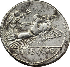 reverse: L. Iulius Bursio.  AR Denarius, 85 BC. Obv. Male head right, with the attributes of Apollo, Mercury and Neptune; behind, rudder. Rev. Victory in quadriga right; above, numeral; in exergue, L. IVLI. BVRSIO. Cr. 352/1 c. B. 5. AR. g. 3.83  mm. 20.50  R. Good metal. Well centred, brilliant and superb. Minor scratch on reverse, otherwise about EF. Rare for symbol, not listed in Babelon and in RRC.