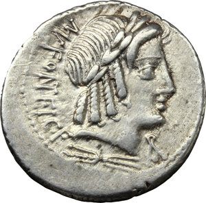 obverse: Mn. Fonteius C. f.  AR Denarius, 85 BC. Obv. Laureate head of Vejovis right, MN. FONTEI. C.F behind, thunderbolt below head, monogram of ROMA below chin. Rev. Infant winged Genius seated on goat right; above, caps of the Dioscuri and below, thyrsus. All within laurel wreath. Cr. 353/1a. B. 9. AR. g. 3.98  mm. 20.50   Struck on a broad flan, brilliant and lightly toned. EF.
