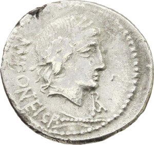 obverse: Mn. Fonteius C.f.  AR Denarius, 85 BC. Obv. Laureate head of Vejovis right, MN. FONTEI. C.F behind, thunderbolt below head, monogram of ROMA below chin. Rev. Infant winged Genius seated on goat right; above, caps of the Dioscuri and below, thyrsus. All within laurel wreath. Cr. 353/1a. AR. g. 3.53  mm. 21.00   Weakness, otherwise about EF. Well centred on a broad flan.