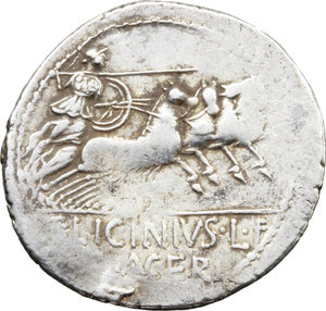 reverse: C. Licinius L.f. Macer.  AR Denarius, 84 BC. Obv. Bust of Apollo seen from behind, with head turned left, holding thunderbolt. Rev. Minerva in fast quadriga right, holding shield and spear; in exergue, C. LICINIVS. L.F./MACER. Cr. 354/1. B. 16. AR. g. 3.87  mm. 23.00   Broad flan. VF.