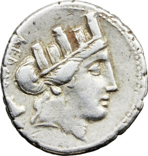 obverse: P. Furius Crassipes.  AR Denarius, 84 BC. Obv. AED CVR. Turreted head of Cybele right; behind, foot upwards. Rev. Curule chair inscribed P. FOVRIVS; in exergue, CRASSIPES. Cr. 356/1a. B. 20. AR. g. 3.92  mm. 19.50   Full flan. Brilliant and lightly toned. Good VF.