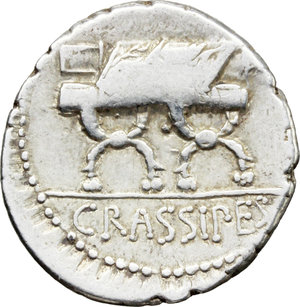 reverse: P. Furius Crassipes.  AR Denarius, 84 BC. Obv. AED CVR. Turreted head of Cybele right; behind, foot upwards. Rev. Curule chair inscribed P. FOVRIVS; in exergue, CRASSIPES. Cr. 356/1a. B. 20. AR. g. 3.92  mm. 19.50   Full flan. Brilliant and lightly toned. Good VF.