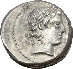 obverse: L. Censorinus.  AR Denarius, 82 BC. Obv. Laureate head of Apollo right. Rev. L. CENSOR. The satyr Marsyas standing left, with right arm raised and holding wine-skin over left shoulder; behind, column bearing statue on top. Cr. 363/1d. AR. g. 3.89  mm. 18.00   Superb and prettily toned. EF.