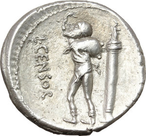 reverse: L. Censorinus.  AR Denarius, 82 BC. Obv. Laureate head of Apollo right. Rev. L. CENSOR. The satyr Marsyas standing left, with right arm raised and holding wine-skin over left shoulder; behind, column bearing statue on top. Cr. 363/1d. AR. g. 3.89  mm. 18.00   Superb and prettily toned. EF.