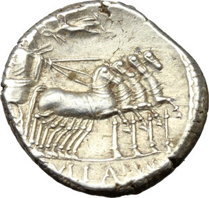 reverse: L. Manlius Torquatus.  AR Denarius, 82 BC. Obv. L. MANLI PRO. Q. Helmeted head of Roma right. Rev. Sulla in walking quadriga right, crowned by Victory who flies above; in exergue, L. SVLLA IMP. Cr. 367/5. B. 4. AR. g. 3.93  mm. 17.00   Brilliant and lightly toned with golden hues. About EF/EF.