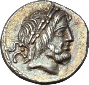 obverse: L. Procilius.  AR Denarius, 80 BC. Obv. Laureate head of Jupiter right; behind, S.C. Rev. Juno Sospita standing right, holding shield and hurling spear; at her feet, snake; behind, L. PROCILI/F. Cr. 379/1. B. 1. AR. g. 3.80  mm. 17.00   Enchanting light iridescent tone with underlying luster. Virtually as struck. About FDC.