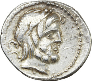 obverse: L. Procilius.  AR Denarius, 80 BC. Obv. Laureate head of Jupiter right; behind, SC. Rev. Juno Sospita standing right, holding shield and hurling spear; at her feet, snake; behind, L. PROCILI/F. Cr. 379/1. B.1. AR. g. 4.09  mm. 19.00   Brilliant and lightly toned. About EF.