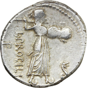 reverse: L. Procilius.  AR Denarius, 80 BC. Obv. Laureate head of Jupiter right; behind, SC. Rev. Juno Sospita standing right, holding shield and hurling spear; at her feet, snake; behind, L. PROCILI/F. Cr. 379/1. B.1. AR. g. 4.09  mm. 19.00   Brilliant and lightly toned. About EF.