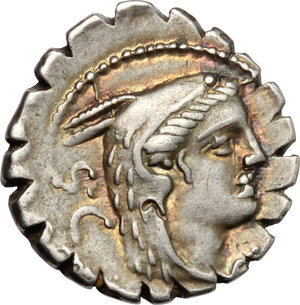 obverse: L. Procilius.  AR Denarius serratus, 80 BC. Obv. Head of Juno Sospita right, wearing goat s skin; behind, SC. Rev. Juno Sospita in prancing biga right, holding shield and hurling spear; below horses, snake; in exergue, L. PROCILI. F. Cr. 379/2. B. 2. AR. g. 3.83  mm. 19.00   Prettily toned, with nice reddish hues. Good VF/VF.
