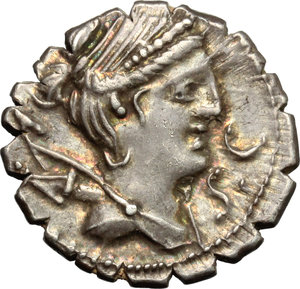 obverse: Ti. Claudius Ti. f. Ap. n. Nero.  AR Denarius serratus, 79 BC. Obv. Draped bust of Diana right, bow and quiver on shoulder; before chin, SC. Rev. Victory in prancing biga right, holding palm-branch and reins in left hand and wreath in right; below horses, A. CXXI. In exergue, TI. CLAVD. TI. F/AP. N. Cr. 383/1. B.6. AR. g. 3.90  mm. 18.00   Superb old cabinet tone, with reddish hues. EF.