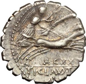 reverse: Ti. Claudius Ti. f. Ap. n. Nero.  AR Denarius serratus, 79 BC. Obv. Draped bust of Diana right, bow and quiver on shoulder; before chin, SC. Rev. Victory in prancing biga right, holding palm-branch and reins in left hand and wreath in right; below horses, A. CXXI. In exergue, TI. CLAVD. TI. F/AP. N. Cr. 383/1. B.6. AR. g. 3.90  mm. 18.00   Superb old cabinet tone, with reddish hues. EF.