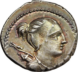 obverse: C. Postumius.  AR Denarius, 74 BC. Obv. Draped bust of Diana right, bow and quiver over shoulder. Rev. Hound running right; below, spear; in exergue, [C.] POSTVMI/TA ligate. Cr. 394/1a. B. 9. AR. g. 3.85  mm. 19.00   Beautiful old cabinet tone with iridescent hues. Metal flaw on obverse and minor area of weakness on reverse, otherwise EF.