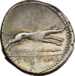 reverse: C. Postumius.  AR Denarius, 74 BC. Obv. Draped bust of Diana right, bow and quiver over shoulder. Rev. Hound running right; below, spear; in exergue, [C.] POSTVMI/TA ligate. Cr. 394/1a. B. 9. AR. g. 3.85  mm. 19.00   Beautiful old cabinet tone with iridescent hues. Metal flaw on obverse and minor area of weakness on reverse, otherwise EF.