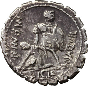 reverse: Mn. Aquillius Mn. f. Mn. n.  AR Denarius serratus, 71 BC. Obv. VIRTVS III. VIR. Helmeted bust of Virtus right. Rev. MN. AQVIL. MN. F. MN. N. The consul Man. Aquillius raising Sicilia; in exergue, SICIL. Cr. 401/1. B. 2. AR. g. 3.70  mm. 20.00   Old cabinet tone. Good VF.