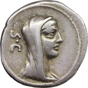 obverse: P. Galba.  AR Denarius, 69 BC. Obv. Veiled head of Vesta right; behind, S.C. Rev. AE-CVR. Knife, simpulum and ornamented axe; in exergue, P. GALB. Cr. 406/1. B.(Sulpicia) 7. AR. g. 3.96  mm. 19.00   Good metal and broad flan for the issue. An attractive example. Enchanting old cabinet tone. Good VF.
