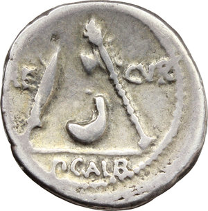reverse: P. Galba.  AR Denarius, 69 BC. Obv. Veiled head of Vesta right; behind, S.C. Rev. AE-CVR. Knife, simpulum and ornamented axe; in exergue, P. GALB. Cr. 406/1. B.(Sulpicia) 7. AR. g. 3.96  mm. 19.00   Good metal and broad flan for the issue. An attractive example. Enchanting old cabinet tone. Good VF.