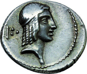 obverse: C. Piso L. f. Frugi.  AR Denarius, 67 BC. Obv. Laureate head of Apollo right; behind, fractional sign. Rev. Horseman galloping right; below, C. PISO L F FRV/O. Cr. 408/1b. B. (Calpurnia) 24. Banti 193/2. AR. g. 4.01  mm. 19.00   Flatness of strike on obverse, otherwise EF. A rare control-marks pair. Great metal and attractive light tone, with underlying luster.
